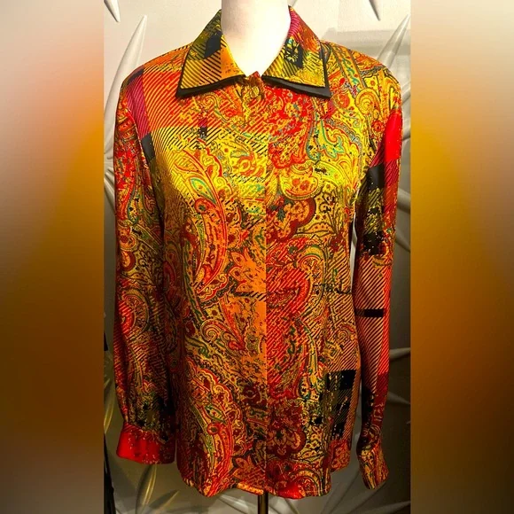 EUC Louis Feraud SZ 4 gold/red/black multicolored silk paisley print blouse - Picture 3 of 12
